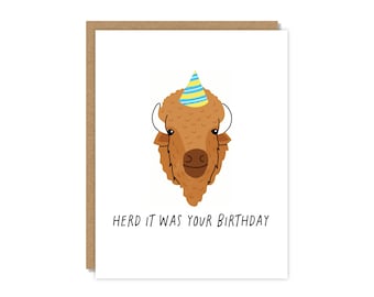 Herd It Was Your Birthday Card, Funny Buffalo Birthday Card, Punny Animal Card