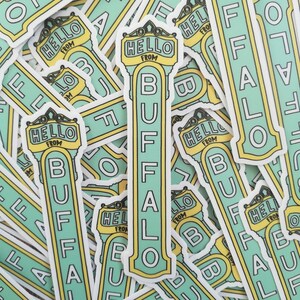 May include: A close-up of several stickers with the text "Hello from Buffalo" printed on them. The stickers are green and yellow and have a retro design.