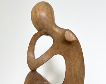 Wooden Statue Thinking Man Abstract Hand Carved Figure