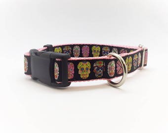 Sugar skulls 1" wide adjustable dog collar