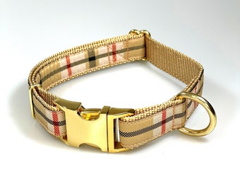 Woven Tan Plaid Adjustable 1 in. Wide Dog Collar