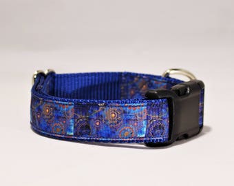 Sapphire blue w/gold 1 in. wide adjustable dog collar