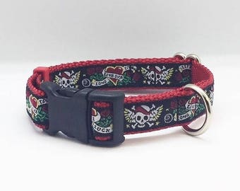 Tattoo style 3/4" wide adjustable dog collar - black