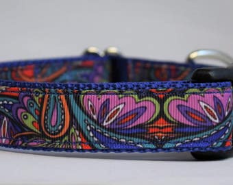Könnte beinhalten: Ein farbenfrohes Hundehalsband mit Paisley-Muster, einer schwarzen Schnalle und einem blauen Besatz.