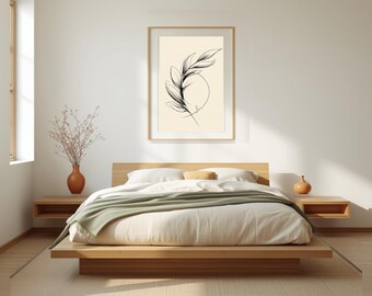 Lámina de helecho con líneas / Arte botánico lineal / Arte mural Japandi en tinta de carbón, 5 tamaños, descarga instantánea