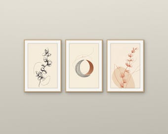 Conjunto de cuadros minimalistas cálidos para pared / Conjunto de 3 láminas de arte relajante para dormitorio / Láminas de arte lineal, 5 tamaños cada una, descarga instantánea