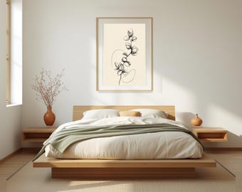Lámina de arte botánico lineal / Arte mural Japandi / Tallo de eucalipto en tinta de carbón, 5 tamaños, descarga instantánea