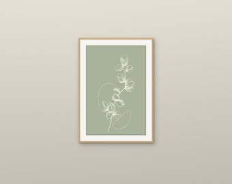 Arte mural botánico verde salvia / Lámina de arte lineal de eucalipto / El tallo único en verde salvia, 5 tamaños, descarga instantánea