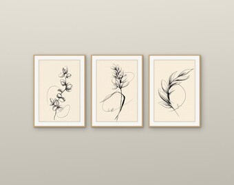 Conjunto de 3 láminas botánicas de arte lineal / Conjunto de 3 láminas de arte mural Japandi / Láminas botánicas a carboncillo, 5 tamaños cada una, descarga instantánea