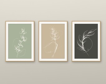 Juego de 3 láminas decorativas de pared en tonos tierra / Láminas botánicas en verde salvia, beige y carbón / The Tonal Botanicals, 5 tamaños cada una, descarga instantánea.