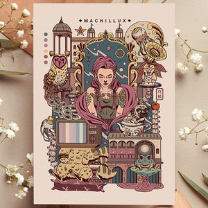 Carte postale « La fille du pays des merveilles avec des animaux » 10 x 15 cm - Illustration vintage surréaliste de l'art fantastique de Machillux