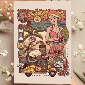 Postal "Playa de verano" 4x6 pulgadas - Ilustración vintage surrealista del arte fantástico de Machillux