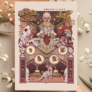 Cartão postal “A História da Evolução Animal” 4x6 polegadas - Ilustração vintage surreal da arte de fantasia de Machillux