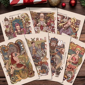 Conjunto de postales "Animales felices" 4x6 pulgadas - Ilustración vintage surrealista del arte fantástico de Machillux