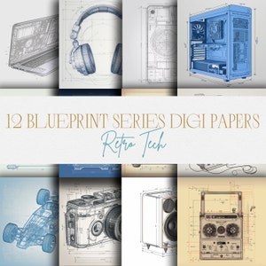 May include: A set of 12 digital papers featuring blueprint illustrations of retro tech gadgets, including a laptop, headphones, smartphone, computer case, race car, camera, speaker, and a boombox. The papers are in a blue and white color scheme with a "12 Blueprint Series Digi Papers Retro Tech" title.