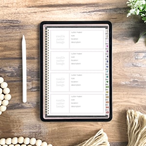 May include: A digital planner on a tablet screen with four white boxes. Each box has the text "cutter maker", "size", "location", and "description". The boxes are labeled with the text "sookie", "culler", and "image".