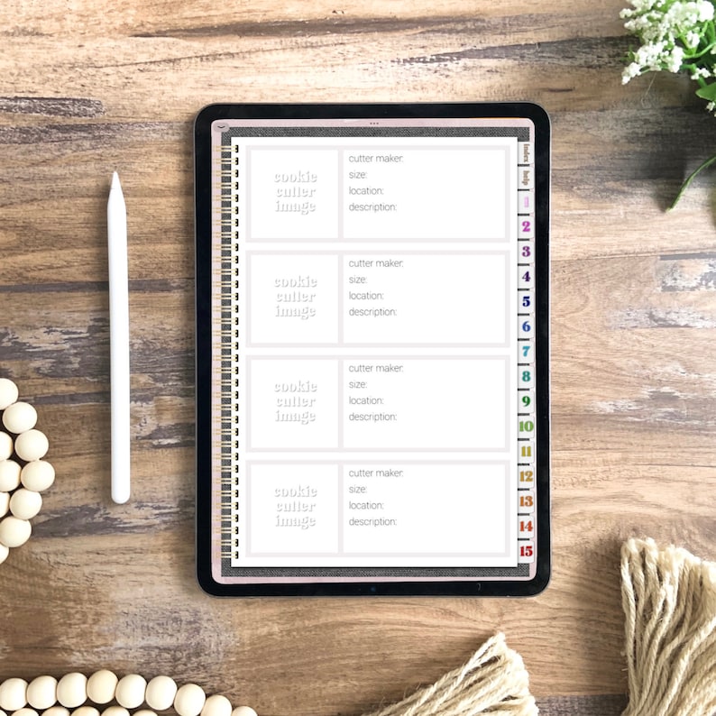 May include: A digital planner on a tablet screen with four white boxes. Each box has the text "cutter maker", "size", "location", and "description". The boxes are labeled with the text "sookie", "culler", and "image".