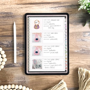May include: A digital tablet screen displaying a list of Halloween cookie cutter designs. The designs include a ghost, a potion bottle, and a sugar skull. Each design is labeled with the cutter maker, size, location, and description.