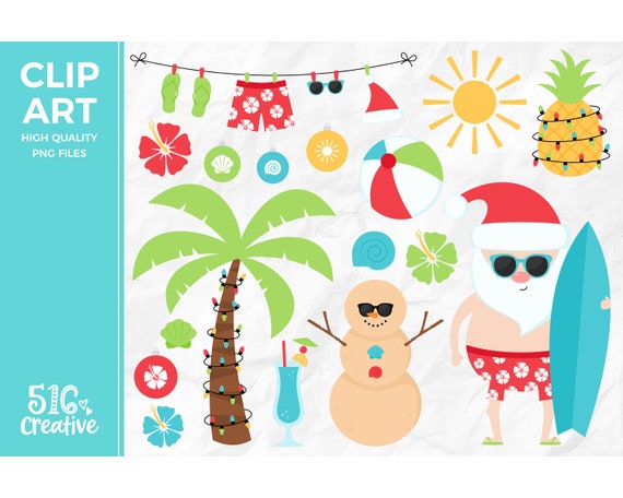 Download Christmas In July Clip Art Tropical Santa Clipart Christmas Etsy