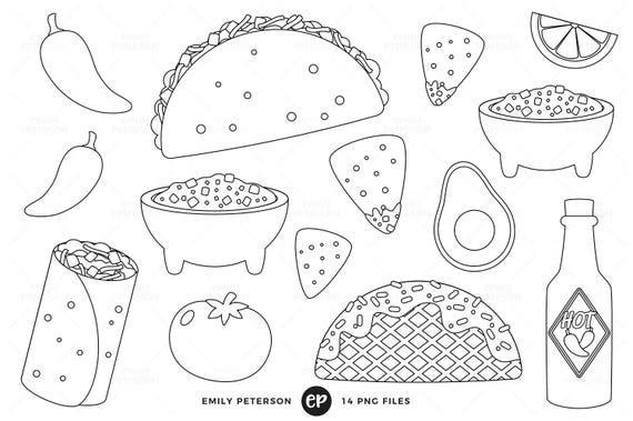 Taco Tuesday Digital Stamps Taco Line Art Fiesta Clip Art | Etsy