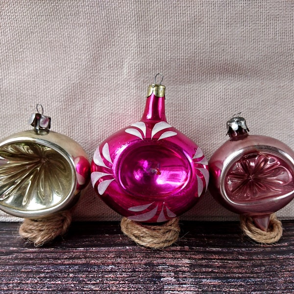 Set of 3 Christmas Tree Toys Balls Lantern Vintage Christmas ornaments Soviet Christmas decoration USSR Antique New Year Bauble Xmas Glass