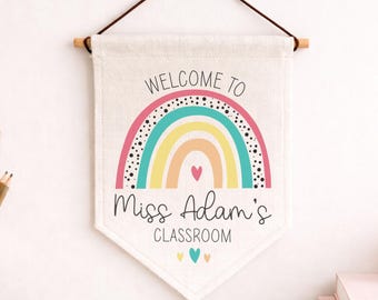 Personalised Teacher Gift, Teacher Rainbow Classroom Flag, End Of Term, Teacher Door Sign