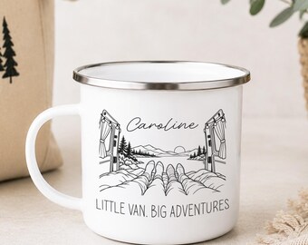 Personalised Campervan Enamel Mug, Little Van Big Adventures, Caravan Mug, Camper Cup