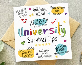 University Tips Card, University Survival Tips, Funny Uni Card, Going To Uni Card, University Card, Uni Good Luck Card, Off To University