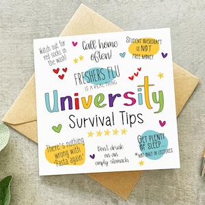 Carte Conseils universitaires, Conseils de survie à l'université, Carte Uni drôle, Carte Aller à la fac, Carte universitaire, Carte porte-bonheur Uni, En route pour l'université