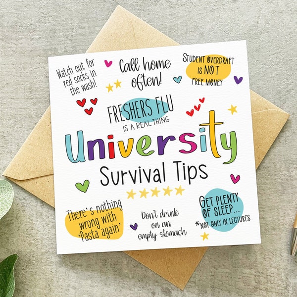 Universitaire tipskaart, universitaire overlevingstips, grappige Uni-kaart, naar Uni-kaart gaan, universiteitskaart, Uni Good Luck-kaart, op weg naar de universiteit