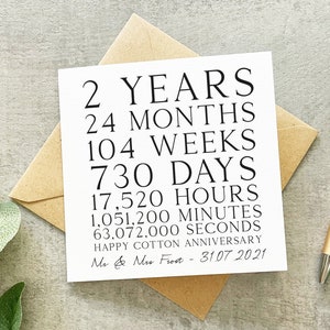Carte d'anniversaire de 2 ans, carte d'anniversaire de coton, anniversaire de coton, carte d'anniversaire traditionnelle, anniversaire de 2 ans, faits de date,