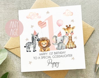 Personalised Goddaughter 1st 2nd 3rd Birthday Card, Goddaughter 1st Birthday, 2nd Birthday, Animal Goddaughter Birthday Card
