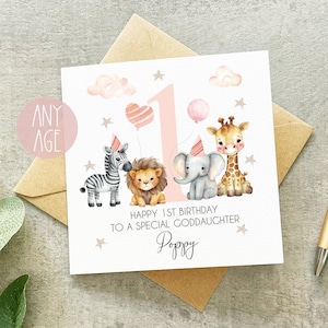 Personalised Goddaughter 1st 2nd 3rd Birthday Card, Goddaughter 1st Birthday, 2nd Birthday, Animal Goddaughter Birthday Card