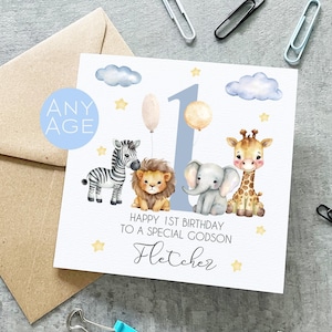 Carte d'anniversaire personnalisée filleul 1er 2e 3e anniversaire, 1er anniversaire du filleul, 2e anniversaire, carte d'anniversaire filleul personnalisée, filleul animal