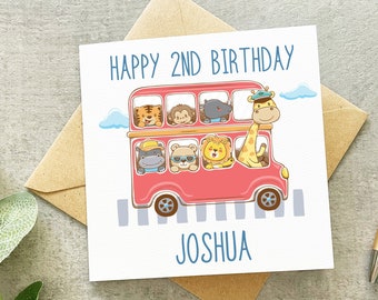 Bus Birthday Card, Boys Birthday Card, Double Decker Bus Card, Animal Birthday Card, Children's Birthday Card, 1st Birthday Card, 2nd, 3rd