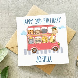 Carte d'anniversaire bus, carte d'anniversaire garçon, carte bus à impériale, carte d'anniversaire animal, carte d'anniversaire enfant, carte 1er anniversaire, 2e, 3e