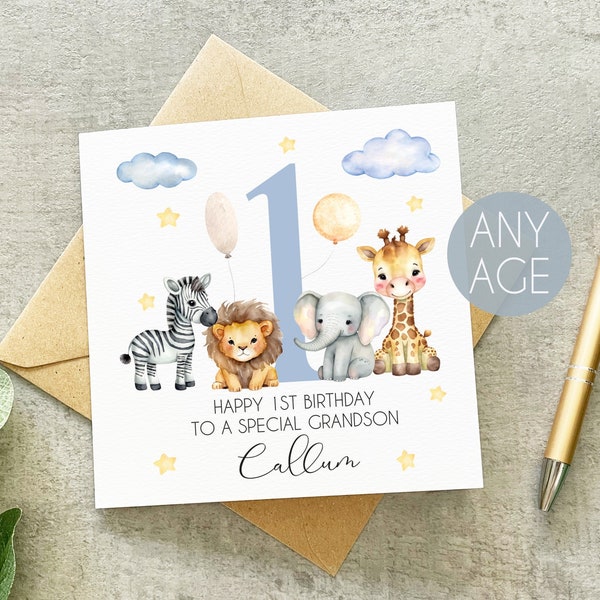 Personalised Grandson 1st 2nd 3rd Birthday Card, Grandsons 1st Birthday, 2nd Birthday, Personalised Grandson Birthday Card, Animal Grandson