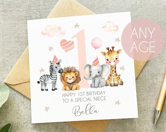 Personalised Niece 1st 2nd 3rd Birthday Card, Niece 1st Birthday, 2nd Birthday, Animal Niece Birthday Card, Animal Party Card, For Niece