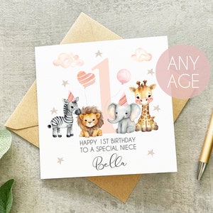 Personalised Niece 1st 2nd 3rd Birthday Card, Niece 1st Birthday, 2nd Birthday, Animal Niece Birthday Card, Animal Party Card, For Niece image 1