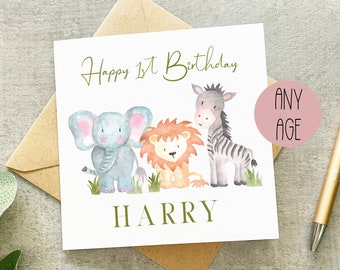 Safari Animals 1st Birthday Card, Personalised 1st Birthday Card, Children's Birthday Card, 2nd Birthday, Jungle Animals Card, Keepsake Card