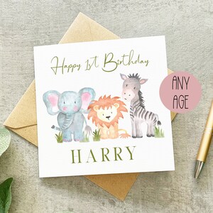 Carte 1er anniversaire animaux de safari, carte 1er anniversaire personnalisée, carte d'anniversaire d'enfant, 2e anniversaire, carte animaux de la jungle, carte souvenir