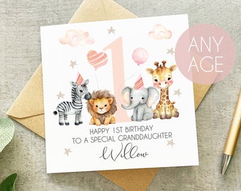 Personalised Granddaughter 1st 2nd 3rd Birthday Card, Granddaughter 1st Birthday, 2nd Birthday, Animal Granddaughter Birthday Card