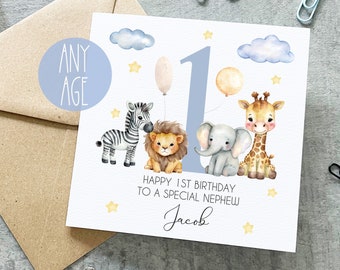 Personalised Nephew 1st 2nd 3rd Birthday Card, Nephew 1st Birthday, 2nd Birthday, Personalised Nephew Birthday Card, Animal Nephew