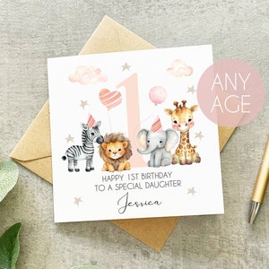 Fille personnalisée 1er 2ème 3ème carte d'anniversaire, filles 1er anniversaire, 2ème anniversaire, carte de fille personnalisée, anniversaire de fille animale