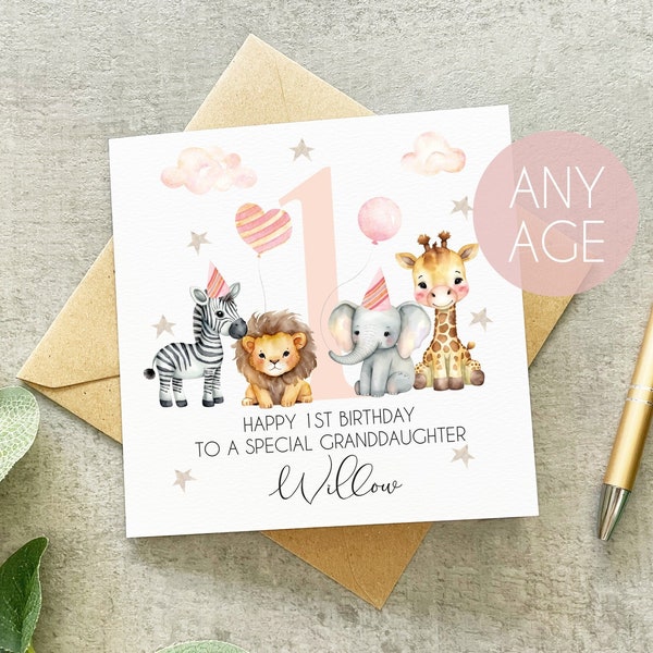 Personalised Granddaughter 1st 2nd 3rd Birthday Card, Granddaughter 1st Birthday, 2nd Birthday, Animal Granddaughter Birthday Card