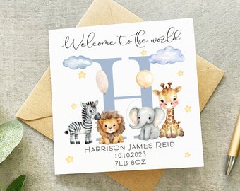 Personalised New Baby Boy Card, Safari Animals New Baby Card, Baby Boy Card, Animals New Baby Card, Birth Details Card