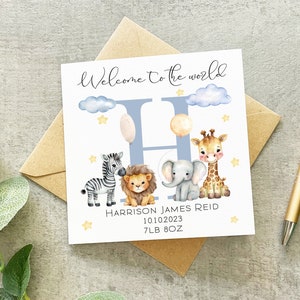 Carte personnalisée nouveau bébé garçon, carte nouveau bébé animaux de safari, carte bébé garçon, carte nouveau bébé animaux, carte informations de naissance