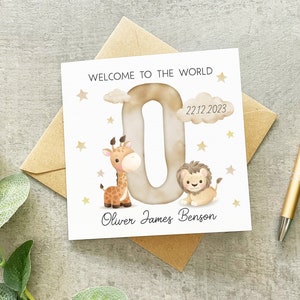 Nouvelle carte de bébé personnalisée, carte de nouveau bébé d’animaux, carte de bienvenue dans le monde, carte de nouveau bébé souvenir, girafe, lion, nouveau bébé garçon