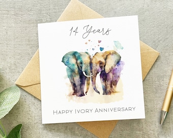 Biglietto per l'anniversario di 14 anni, Biglietto per l'anniversario d'avorio, Anniversario dell'elefante, Biglietto per l'anniversario tradizionale, 14 anni anniversario, 14° matrimonio,