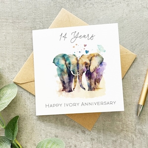 Carte d'anniversaire de 14 ans, carte d'anniversaire ivoire, anniversaire éléphant, carte d'anniversaire traditionnelle, 14 ans, 14e mariage,